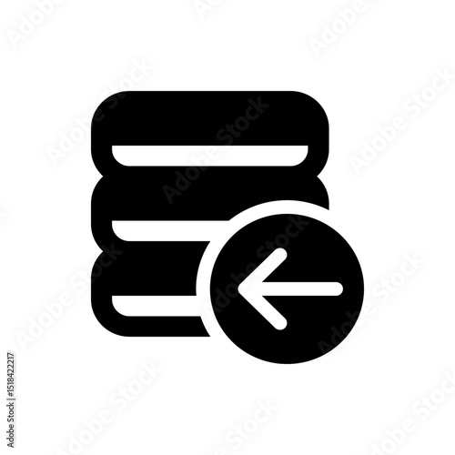 Black database stack icon with a left arrow inside a circle indicating data restoration process with style