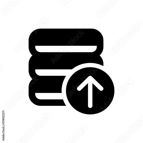 Black and white database icon with an upward arrow indicating data upload and storage management system