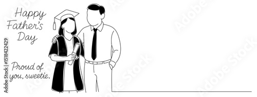 A minimal vector illustration of a father congratulating his daughter on graduation with the text "Happy Father's Day" and "Proud of you, sweetie", perfect for celebrating Father's Day