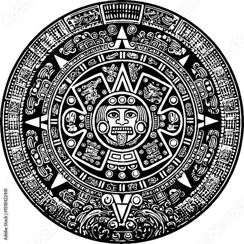 Intricate black engraved aztec calendar design for cultural and historical projects