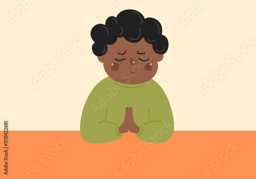 Praying child. Little african-american boy with closed eyes sincerely prays. Religion, Christianity, faith concept.