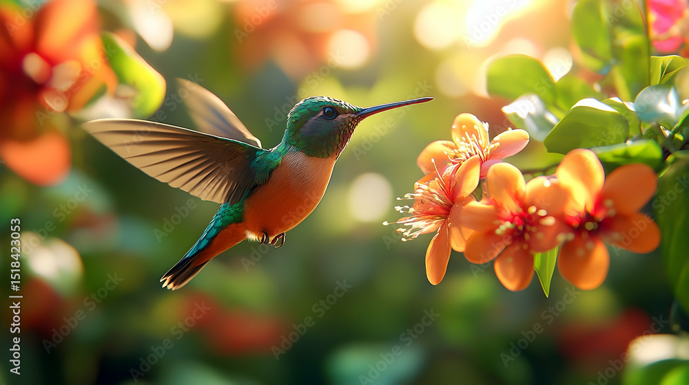 Fototapeta premium A hummingbird in flight, near a cluster of orange blossoms.