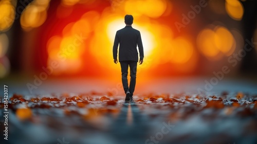 Silhouette of person walking, warm sunset bokeh