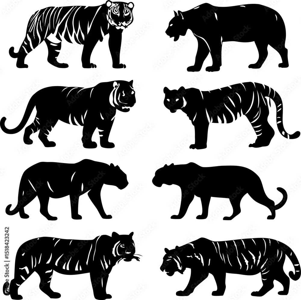 Obraz premium Striking Black and White Animal Silhouettes featuring Tigers, Lions, and Bears