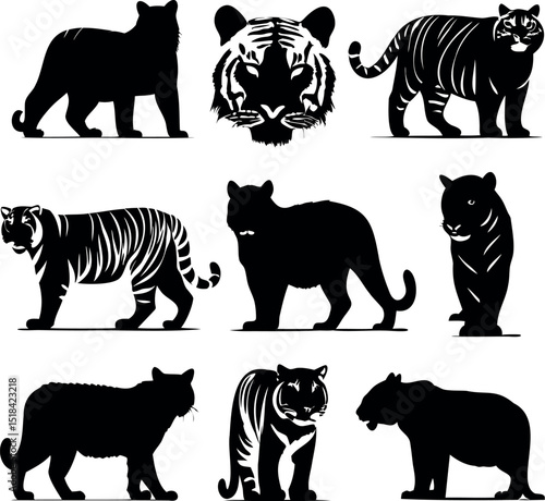 Tiger Silhouette Collection Featuring Various Poses and Perspectives of Tigers
