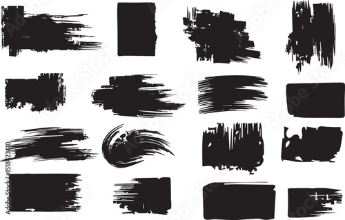 Grunge brush strokes in distressed ink texture and bold rectangle shapes. Monochrome paint splatter elements with rough edge and dry brush effect. Vector illustration.