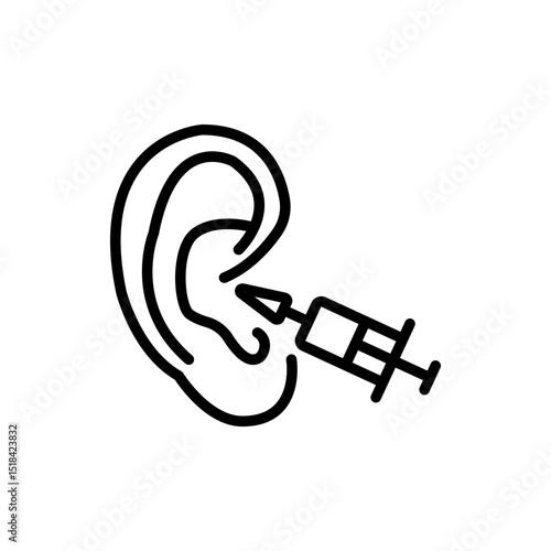 Ear cleaning irrigator. Sulfur plug cleaning outline icon. A buildup of earwax blocking the ear canal. Medical vector isolated on white background.