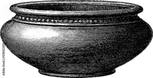 Engraved black line illustration of traditional clay pot for design purposes