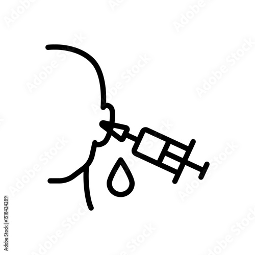Ear cleaning irrigator. Sulfur plug cleaning outline icon. A buildup of earwax blocking the ear canal. Medical vector isolated on white background.