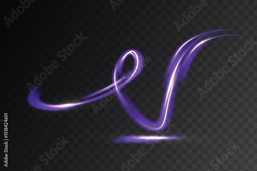 Glowing purple light swirls and curved trails on transparent dark background. Light effect for digital motion design, overlays and abstract energy effects.