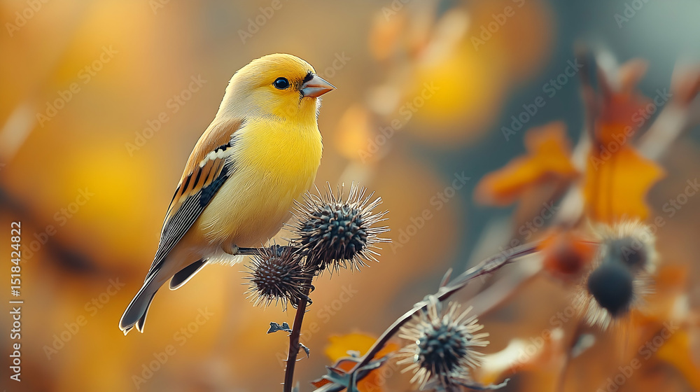 Obraz premium A small, vibrant yellow bird perched on a thistle.