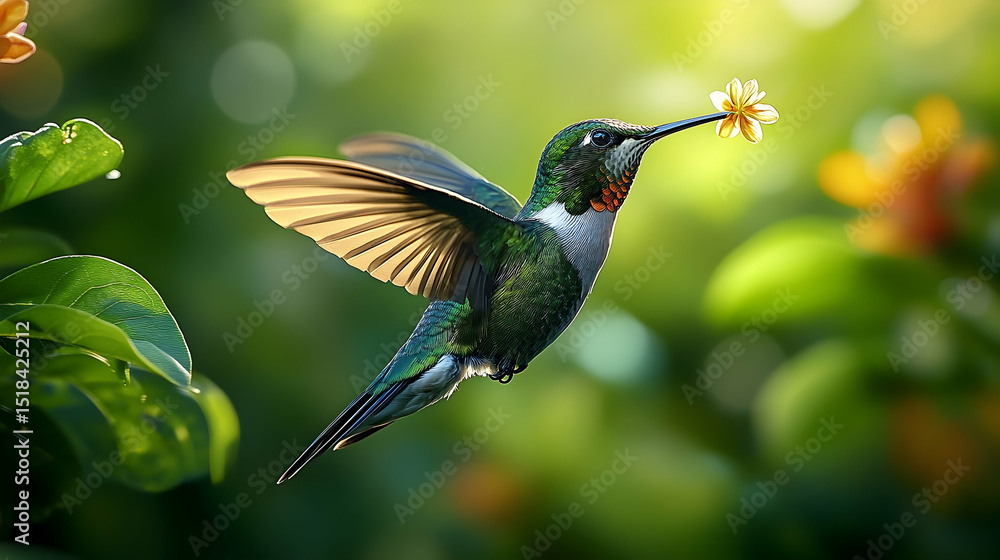 Fototapeta premium Hummingbird in flight with flower in beak.