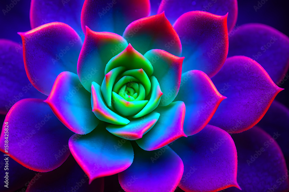Colorful neon succulent close-up with vibrant purple, pink, and blue gradient petals, abstract botanical background, glowing plant art for modern design, psychedelic nature and futuristic floral conce Colorful neon succulent close-up with vibrant purple, pink, and blue gradient petals, abstract botanical background, glowing plant art for modern design, psychedelic nature and futuristic floral conce