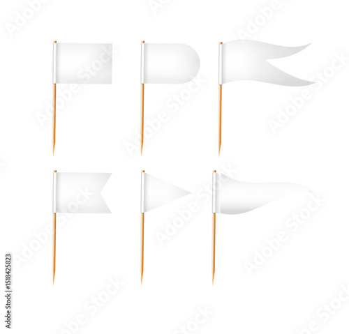 Toothpick flags. Wooden toothpicks with white paper flag. Location mark, map pointer. Vector