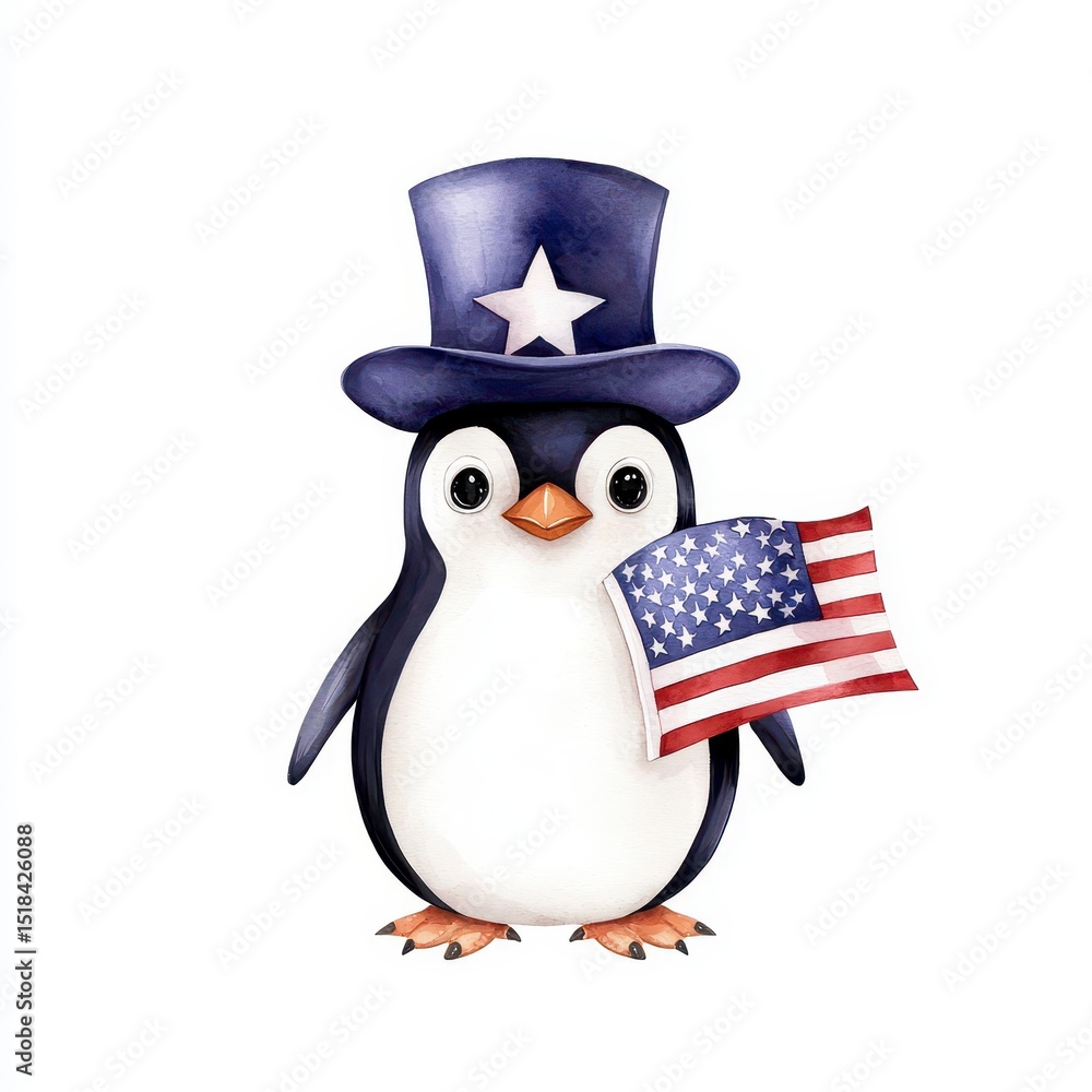 Fototapeta premium 4th of July A cute penguin is holding a national banner and wearing a patriotic hat celebrating a holiday.