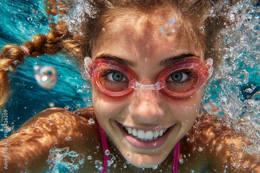 Fototapeta premium Girl enjoys swimming underwater while wearing goggles and smiling during bright sunny day