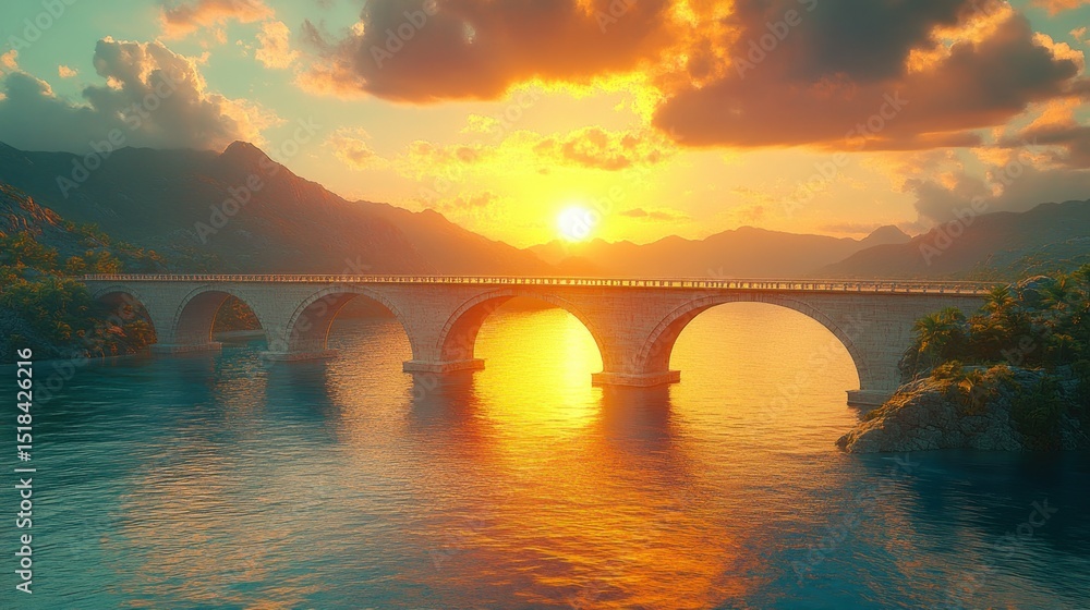 Fototapeta premium Stone arch bridge at sunset over tranquil water