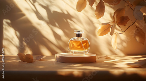 A transparent perfume bottle sits on a light beige pedestal, accented by autumn leaves.