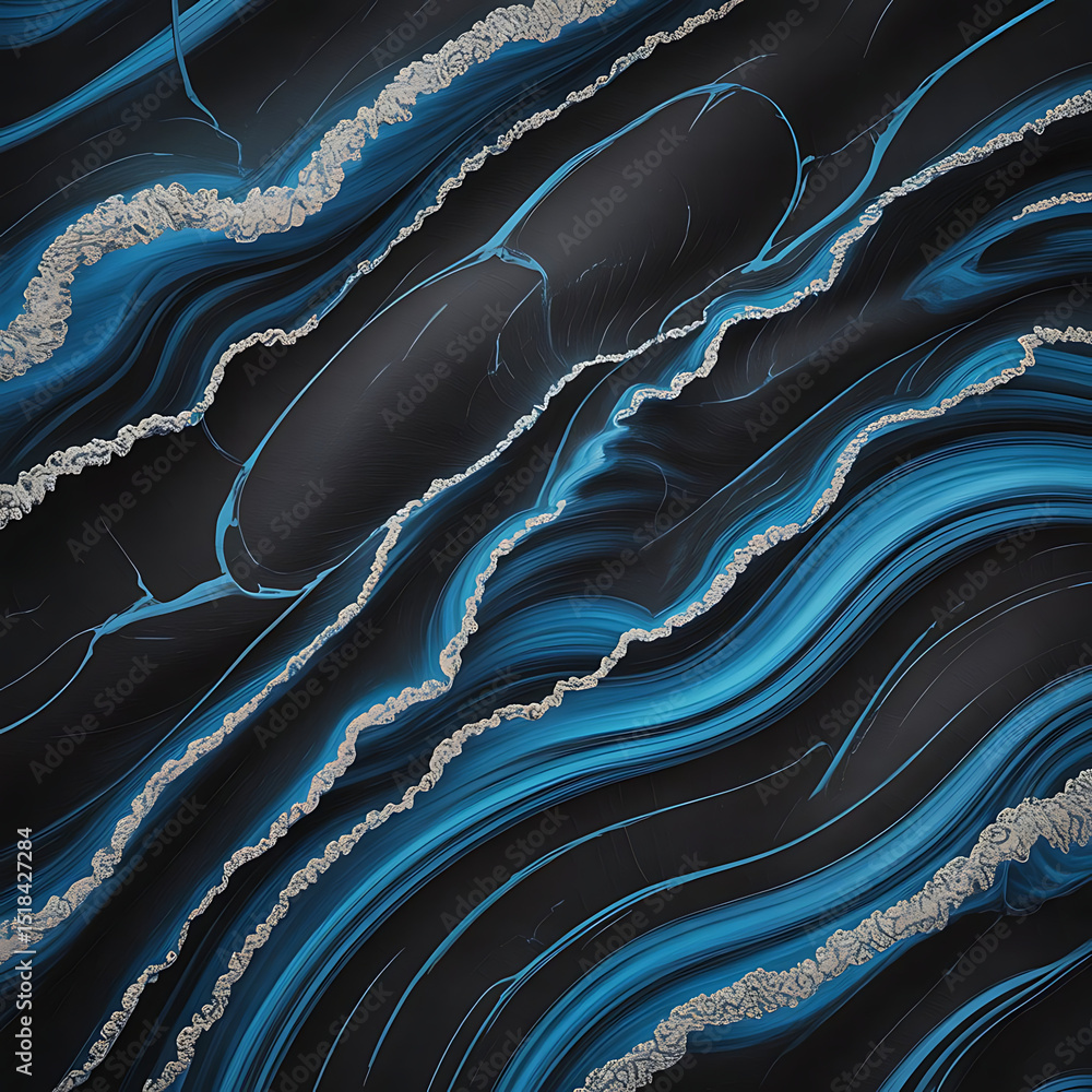 Obraz premium Abstract Blue and Black Swirling Marble Texture Digital Art Background