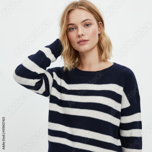Woman in striped sweater posing for fashion shot isolated on white background