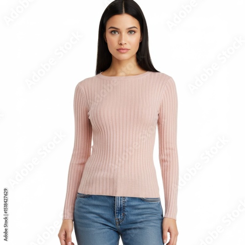 Woman wearing pink ribbed sweater and jeans isolated on white background