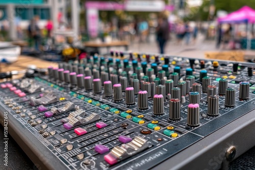 Sound mixer setup at an outdoor festival with crowds enjoying the atmosphere