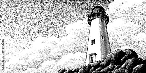 Engraved lighthouse on rocky coastline with dramatic clouds