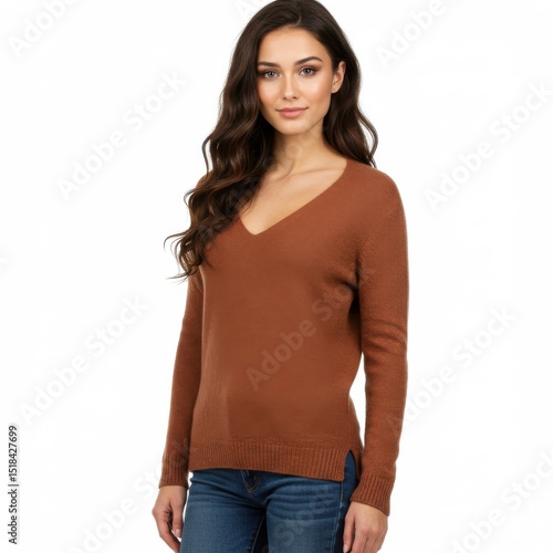 Woman wearing brown sweater and blue jeans isolated on white background