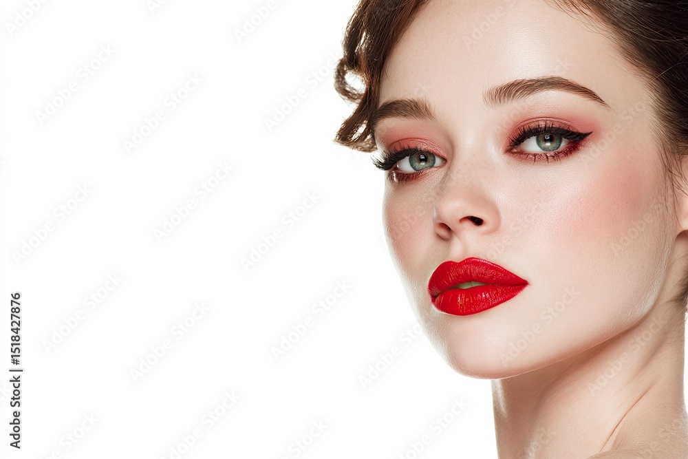 Fototapeta premium Closeup portrait of a woman with red lipstick and elegant makeup against a white background