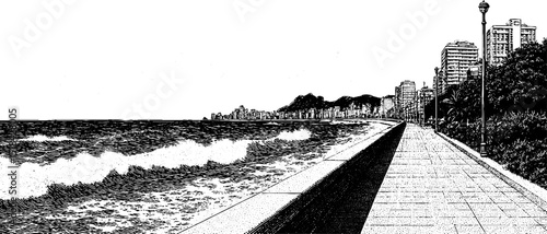 Engraved illustration of malecón seawall with ocean waves and skyline