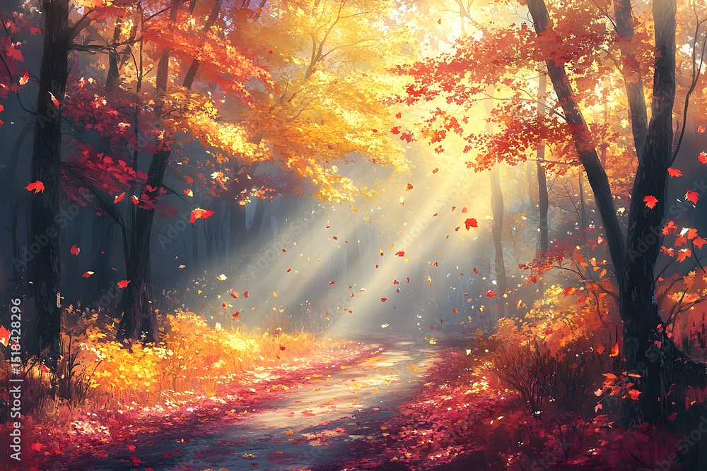 Fototapeta premium Autumnal pathway bathed in sunlight through a colorful forest.