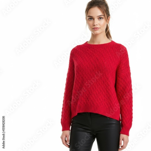 Woman wearing red sweater and black pants isolated on white background