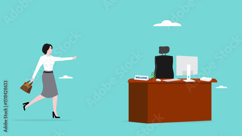 start a new job, promoted to new position or hiring staff for vacancy concept, employees work to a new office or move up the career ladder, happy businesswoman or employee run to his new job chair