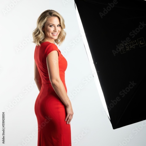 Woman in red dress posing near studio light isolated on white background