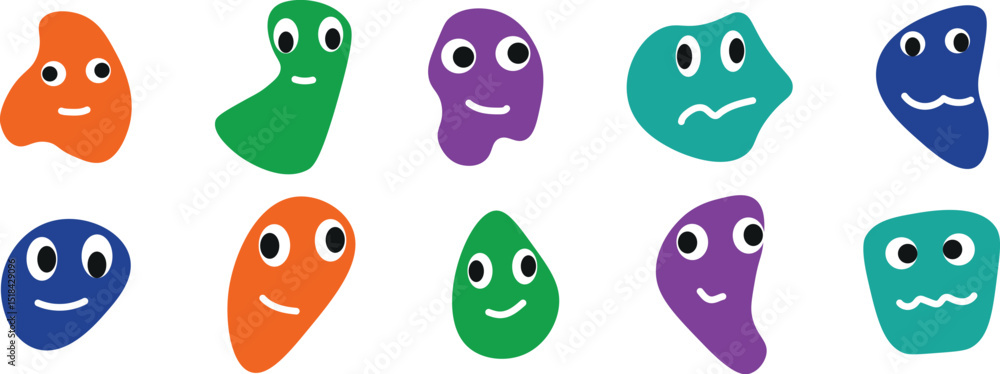 Fototapeta premium Colorful Cartoon Monster Faces Set – Cute and Funny Alien Animal Characters with Expressive Emotions and Happy Smiles – Vector Illustration for Kids and Fun Design Themes