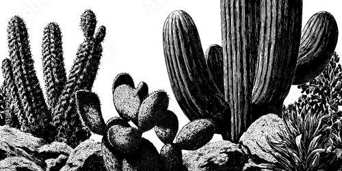 Detailed engraved illustration of diverse mexican cactus garden for botanical design