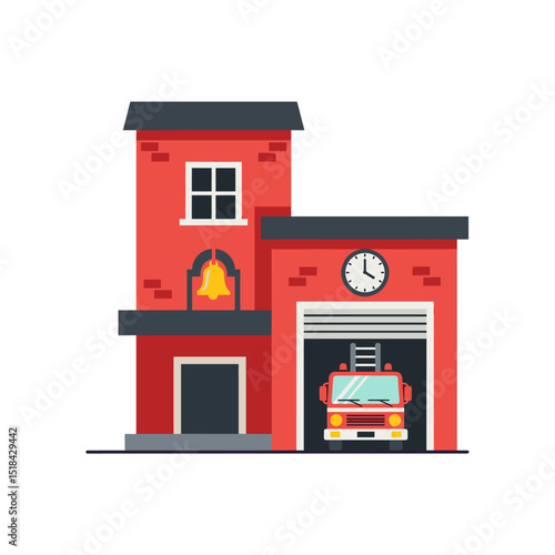 Red fire station building with a fire truck in the garage, bell, and clock icon