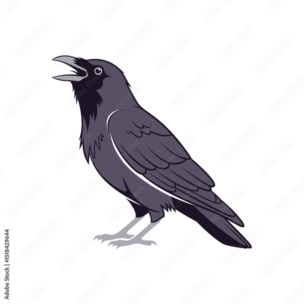 Obraz premium Illustration of a common raven or crow standing with its beak open, side profile