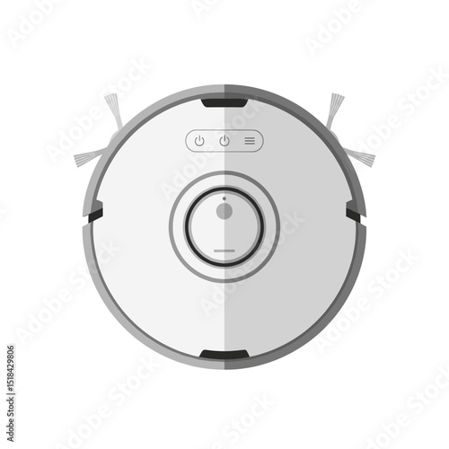 Top-down view of a white and grey robotic vacuum cleaner with brushes and control buttons