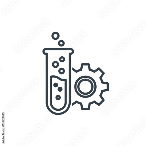 Biotechnology or lab research icon with a test tube, bubbles, and a gear, black outline style