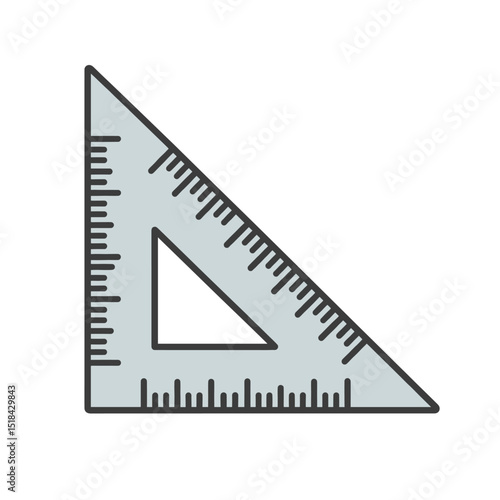 Grey triangle ruler or set square with black measurement markings, for drafting, geometry, or technical drawing