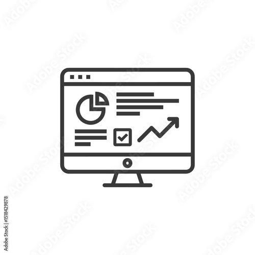 Computer monitor displaying a dashboard with charts and graphs, representing online analytics or business intelligence (outline icon)