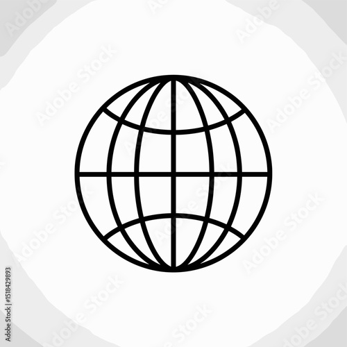 Simple black outline globe icon with latitude and longitude lines, representing world or internet