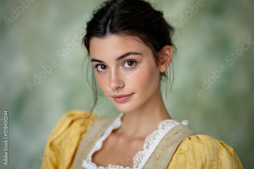 Young woman in vintage dress poses for portrait. Period fashion, historical clothing, old-fashioned, traditional dress.