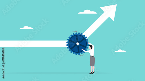 change business management, professional or expertise to manage company transformation or implement new process, woman turn gear cog to manage change direction arrows concept vector illustration