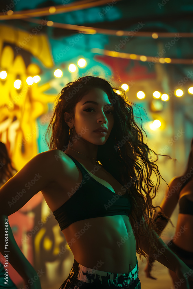 Confident female dancer posing in urban setting with neon lights Confident female dancer posing in urban setting with neon lights