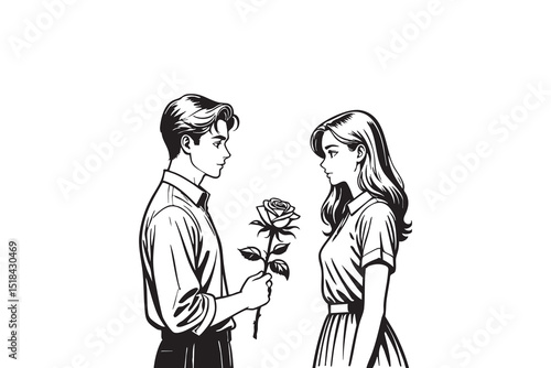 Romantic couple illustration of man giving rose flower to woman in vintage black and white hand drawn sketch style