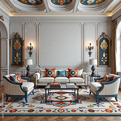 Luxurious classic living room interior, intricate detailing, and decorative wall paneling with vintage-style sconces. The design combines neoclassical elegance with rich patterns and textures, 