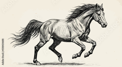 Detailed Running Horse Drawing in Pen and Ink