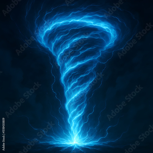 Glowing blue energy tornado swirling with electric light on dark background, futuristic abstract vortex symbolizing power, storm, plasma force, or sci-fi technology in digital fantasy environment